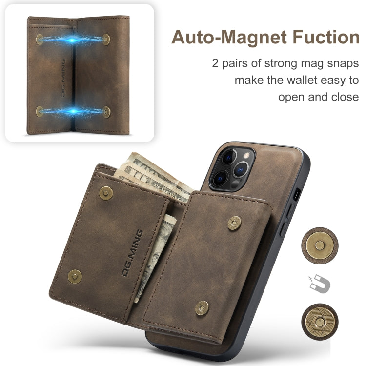 For iPhone 12 Pro Max DG.MING M1 Series 3-Fold Multi Card Wallet + Magnetic Back Cover Shockproof Case with Holder Function(Coffee)