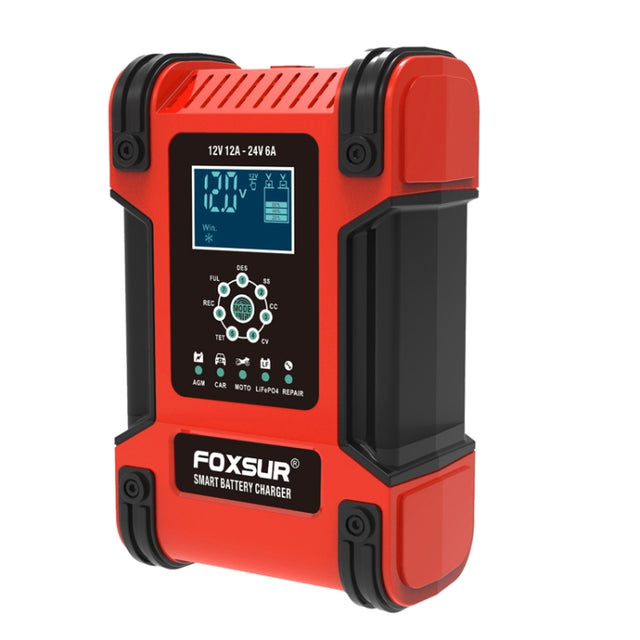 FOXSUR 12A / 12V / 24V Car / Motorcycle 7-stage Lead-acid Battery AGM Charger, Plug Type:EU Plug(Red)