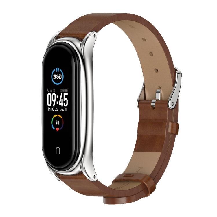 For Xiaomi Mi Band 6 / 5 / 4 / 3 Mijobs Metal Case Crazy Horse Texture PU Microfiber Plus Watch Band(Brown Silver) - Watch Bands by MIJOBS