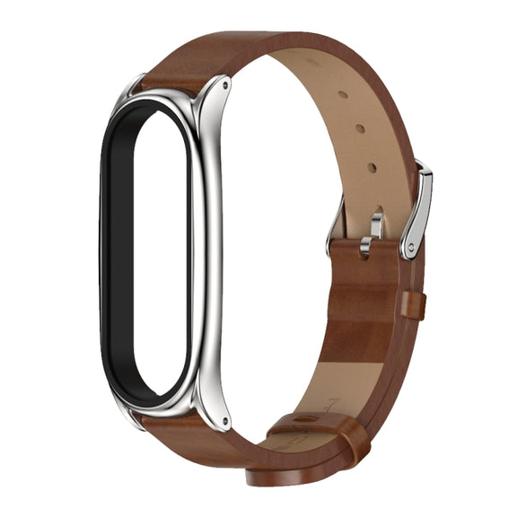 For Xiaomi Mi Band 6 / 5 / 4 / 3 Mijobs Metal Case Crazy Horse Texture PU Microfiber Plus Watch Band(Brown Silver) - Watch Bands by MIJOBS