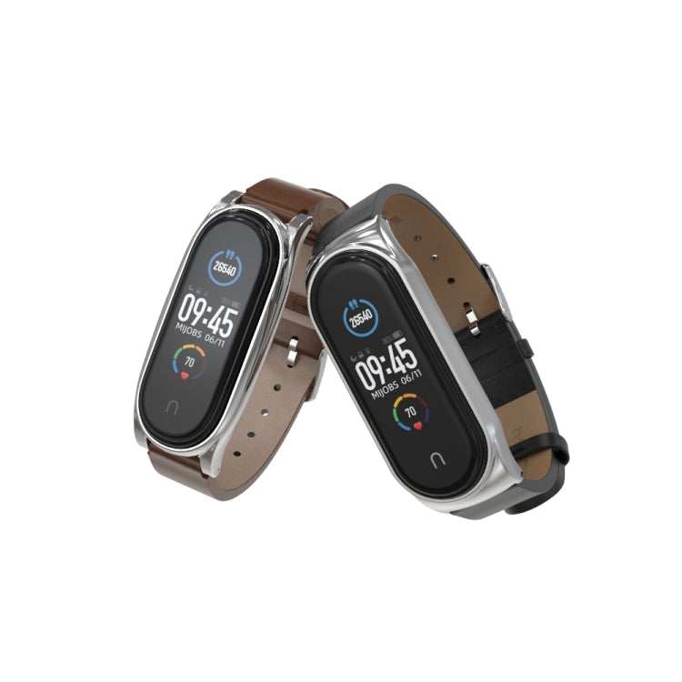 For Xiaomi Mi Band 6 / 5 / 4 / 3 Mijobs Metal Case Crazy Horse Texture PU Microfiber Plus Watch Band(Brown Silver) - Watch Bands by MIJOBS
