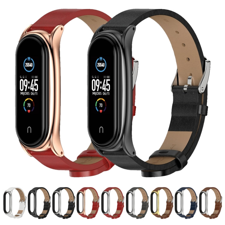 For Xiaomi Mi Band 6 / 5 / 4 / 3 Mijobs Metal Case Crazy Horse Texture PU Microfiber Plus Watch Band(Brown Silver) - Watch Bands by MIJOBS