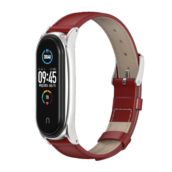 For Xiaomi Mi Band 6 / 5 / 4 / 3 Mijobs First Layer Cowhide Plus Watch Band(Red Silver) - Watch Bands by MIJOBS