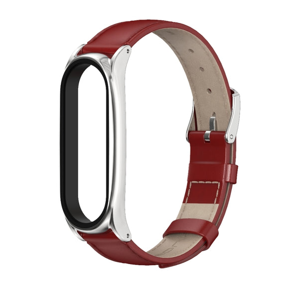 For Xiaomi Mi Band 6 / 5 / 4 / 3 Mijobs First Layer Cowhide Plus Watch Band(Red Silver) - Watch Bands by MIJOBS