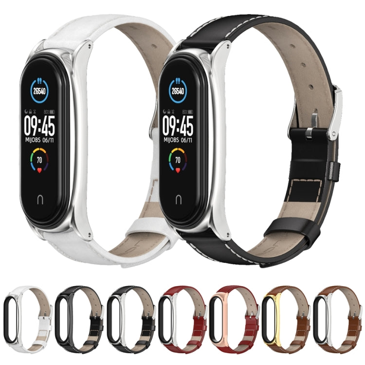 For Xiaomi Mi Band 6 / 5 / 4 / 3 Mijobs First Layer Cowhide Plus Watch Band(Red Silver) - Watch Bands by MIJOBS