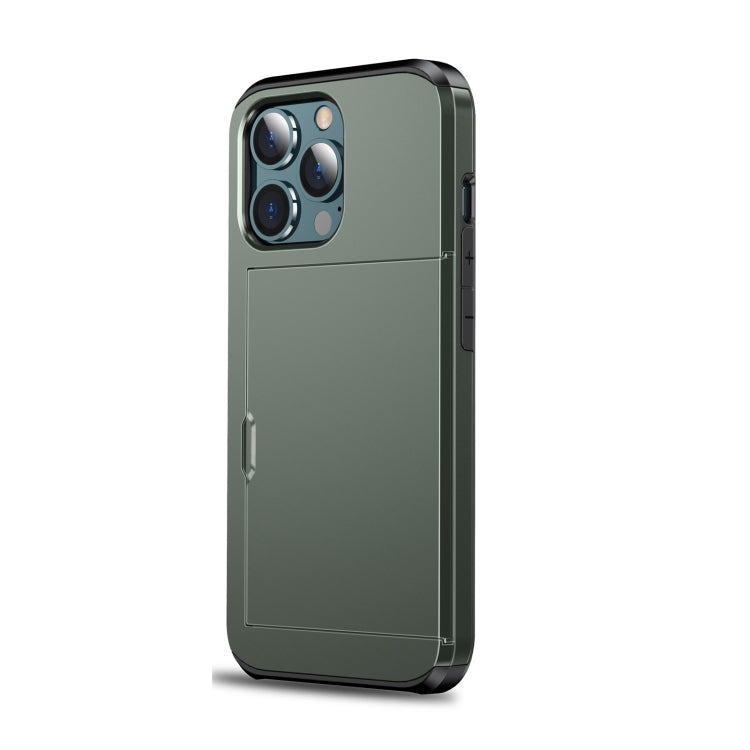 For iPhone 13 Pro Max Shockproof Armor Protective Case with Slide Card Slot (Army Green)