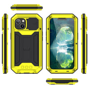 For iPhone 13 mini R-JUST Sliding Camera Shockproof Life Water-resistant Dust-proof Metal + Silicone Protective Case with Holder (Yellow)