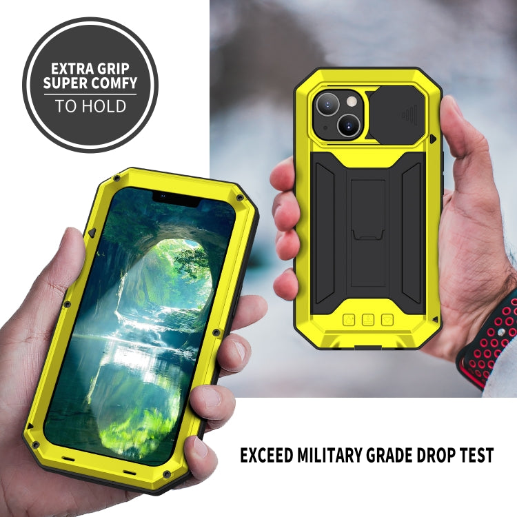 For iPhone 13 mini R-JUST Sliding Camera Shockproof Life Water-resistant Dust-proof Metal + Silicone Protective Case with Holder (Yellow)