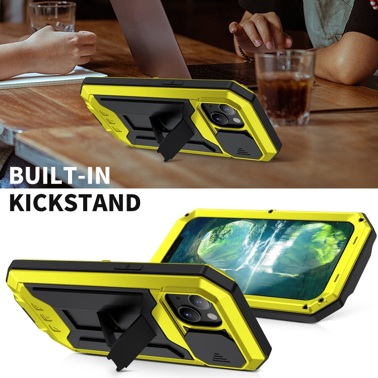 For iPhone 13 mini R-JUST Sliding Camera Shockproof Life Water-resistant Dust-proof Metal + Silicone Protective Case with Holder (Yellow)