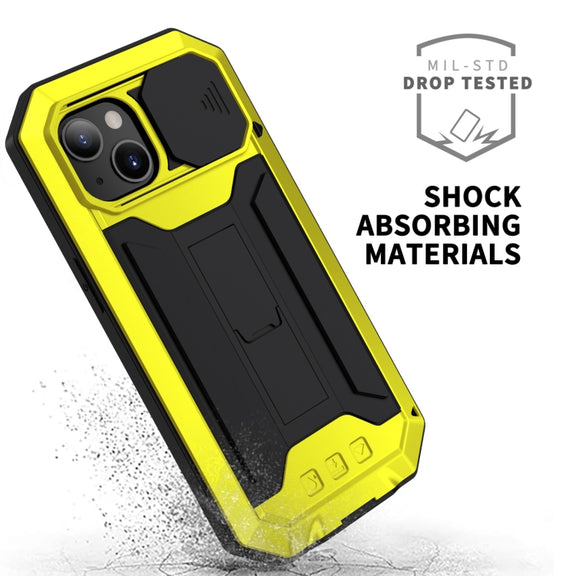 For iPhone 13 mini R-JUST Sliding Camera Shockproof Life Water-resistant Dust-proof Metal + Silicone Protective Case with Holder (Yellow)