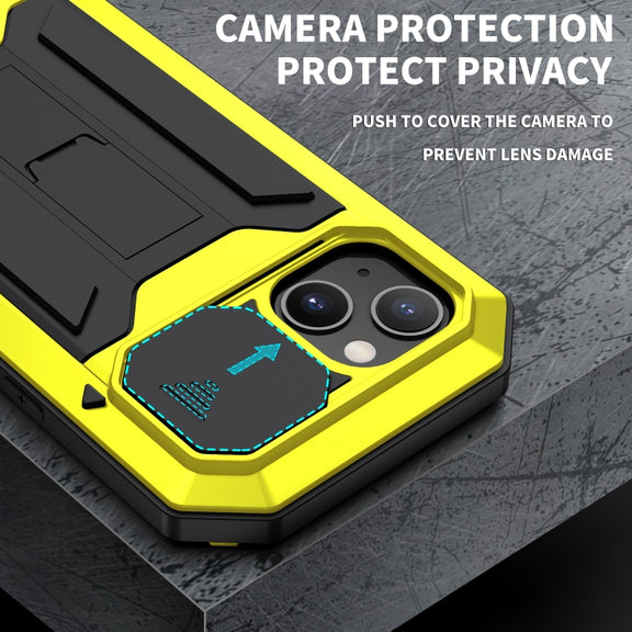 For iPhone 13 mini R-JUST Sliding Camera Shockproof Life Water-resistant Dust-proof Metal + Silicone Protective Case with Holder (Yellow)