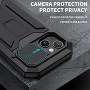 For iPhone 13 R-JUST Sliding Camera Shockproof Life Water-resistant Dust-proof Metal + Silicone Protective Case with Holder(Black)