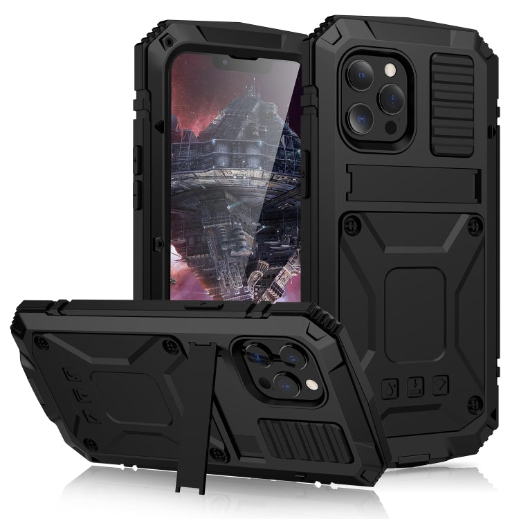 For iPhone 13 Pro Max R-JUST Shockproof Water-resistant Dust-proof Metal + Silicone Protective Case with Holder (Black)