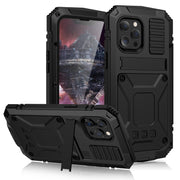 For iPhone 13 Pro Max R-JUST Shockproof Water-resistant Dust-proof Metal + Silicone Protective Case with Holder (Black)