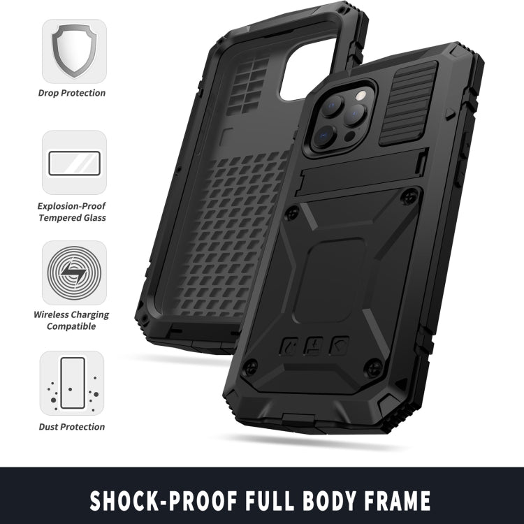 For iPhone 13 Pro Max R-JUST Shockproof Water-resistant Dust-proof Metal + Silicone Protective Case with Holder (Black)