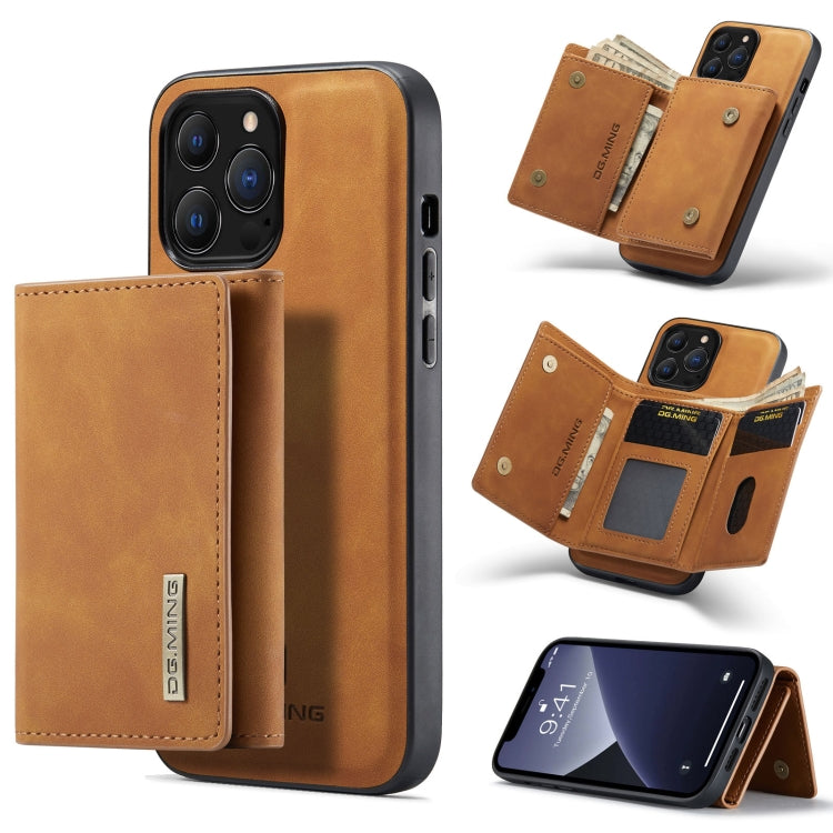 For iPhone 13 Pro Max DG.MING M1 Series 3-Fold Multi Card Wallet Shockproof Case with Holder Function (Brown)