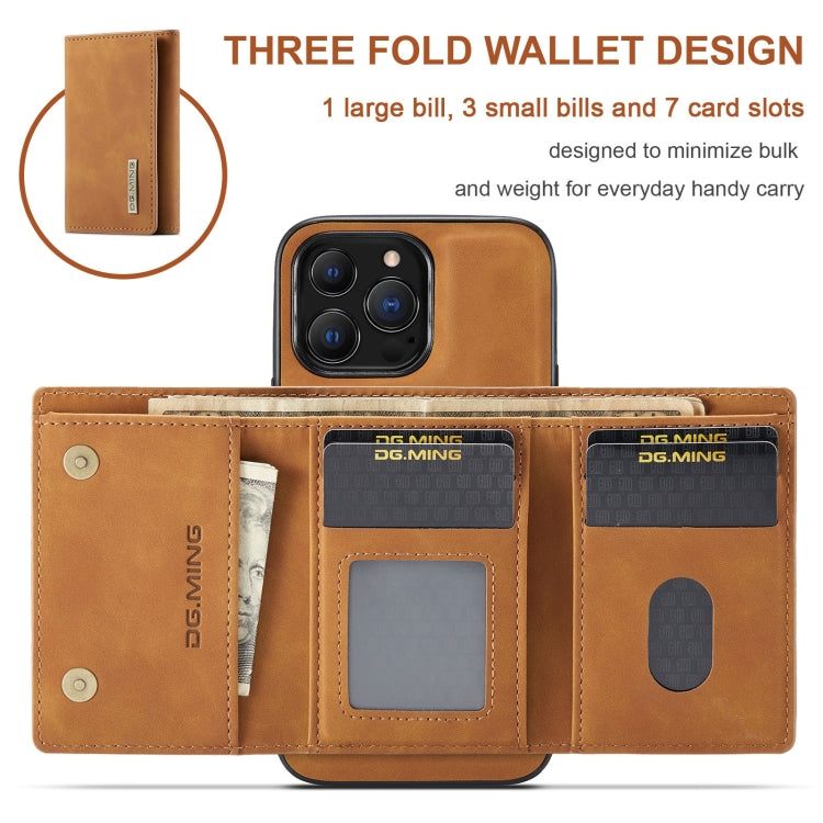 For iPhone 13 Pro Max DG.MING M1 Series 3-Fold Multi Card Wallet Shockproof Case with Holder Function (Brown)