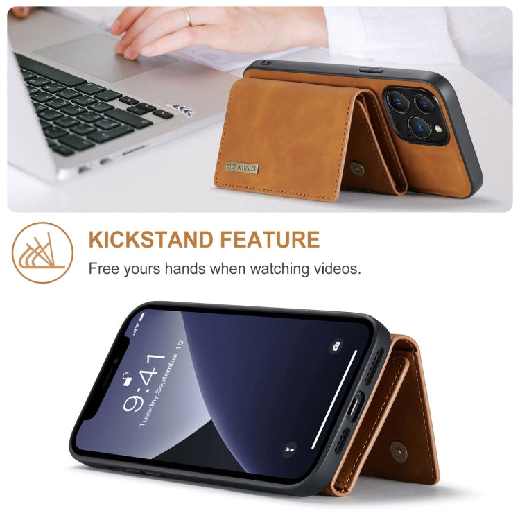 For iPhone 13 Pro Max DG.MING M1 Series 3-Fold Multi Card Wallet Shockproof Case with Holder Function (Brown)