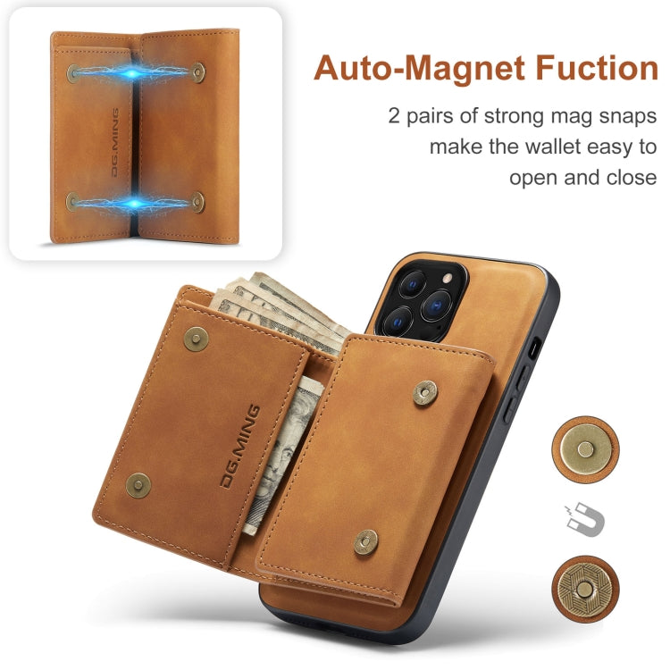 For iPhone 13 Pro Max DG.MING M1 Series 3-Fold Multi Card Wallet Shockproof Case with Holder Function (Brown)