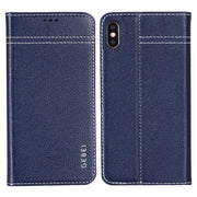 For iPhone XR GEBEI Top-grain Leather Horizontal Flip Protective Case with Holder & Card Slots(Blue)