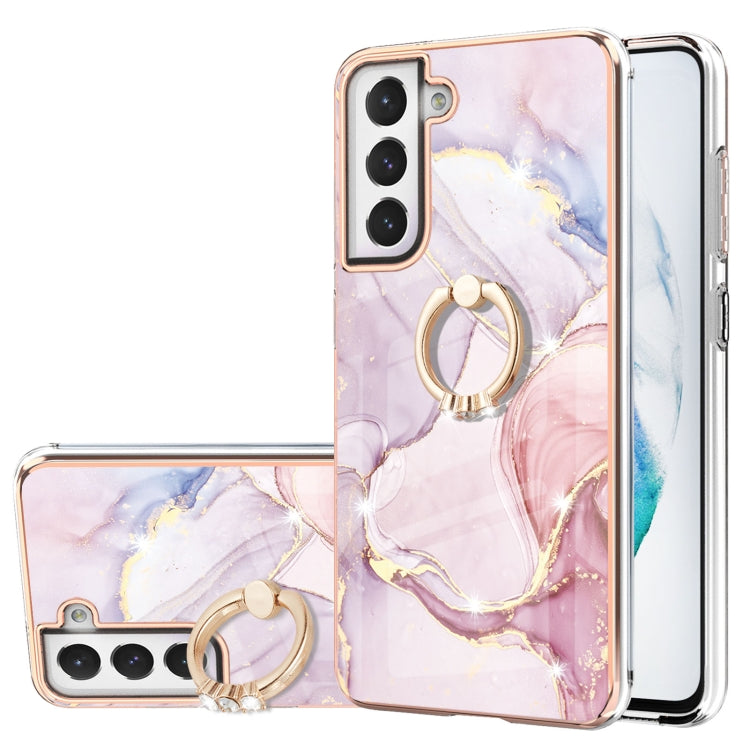 For Samsung Galaxy S21 FE 5G Electroplating Marble Pattern IMD TPU Shockproof Case with Ring Holder(Rose Gold 005)