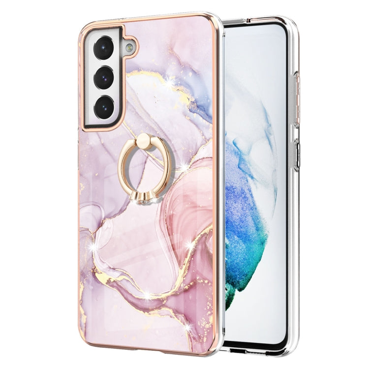 For Samsung Galaxy S21 FE 5G Electroplating Marble Pattern IMD TPU Shockproof Case with Ring Holder(Rose Gold 005)