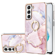 For Samsung Galaxy S21 FE 5G Electroplating Marble Pattern IMD TPU Shockproof Case with Ring Holder(Rose Gold 005)