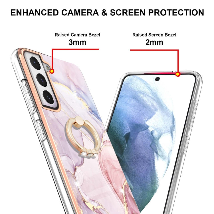 For Samsung Galaxy S21 FE 5G Electroplating Marble Pattern IMD TPU Shockproof Case with Ring Holder(Rose Gold 005)