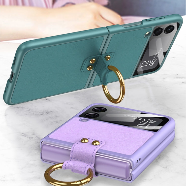 For Samsung Galaxy Z Flip3 5G GKK Ultra-thin PC + PU Phone Case with Ring & Strap(Dark Green)