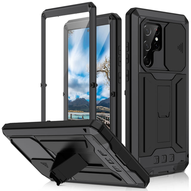 For Samsung Galaxy S22 Ultra 5G R-JUST Sliding Camera Metal + Silicone Holder Phone Case(Black)