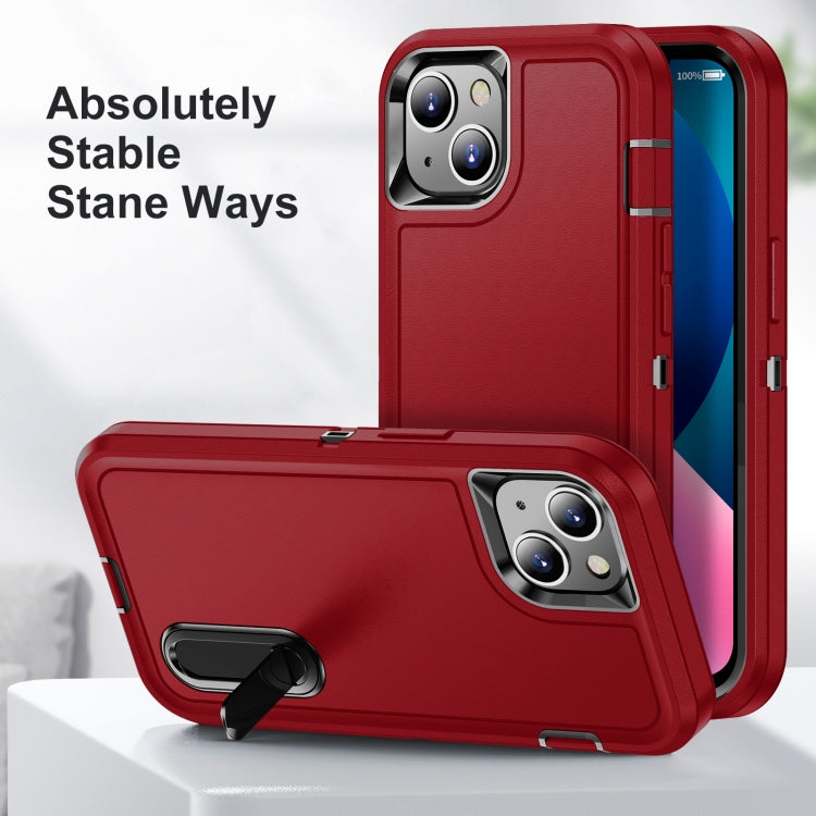For iPhone 13 3 in 1 Rugged Holder Phone Case(Red + Black)