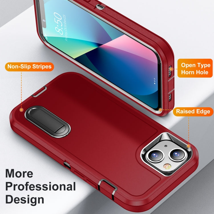 For iPhone 13 3 in 1 Rugged Holder Phone Case(Red + Black)