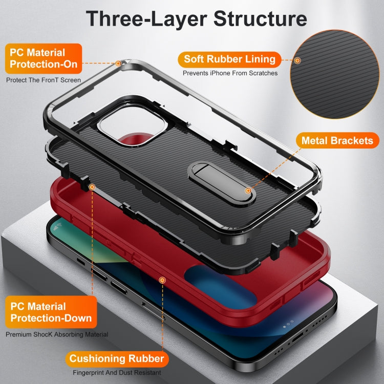 For iPhone 13 3 in 1 Rugged Holder Phone Case(Red + Black)