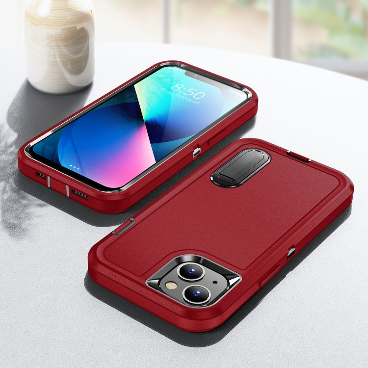 For iPhone 13 3 in 1 Rugged Holder Phone Case(Red + Black)