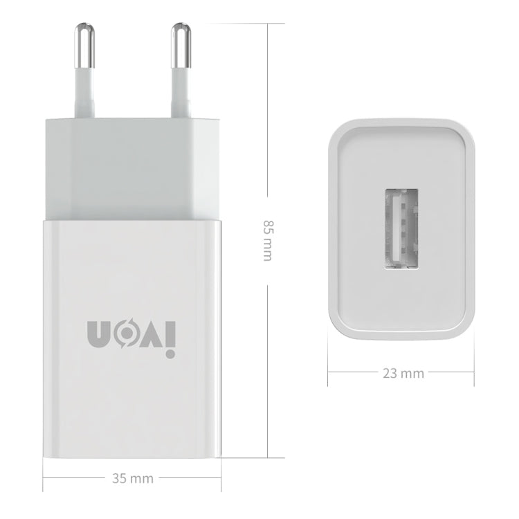 IVON AD-33 2 in 1 2.1A Single USB Port Travel Charger + 1m USB to 8 Pin Data Cable Set, EU Plug(White)