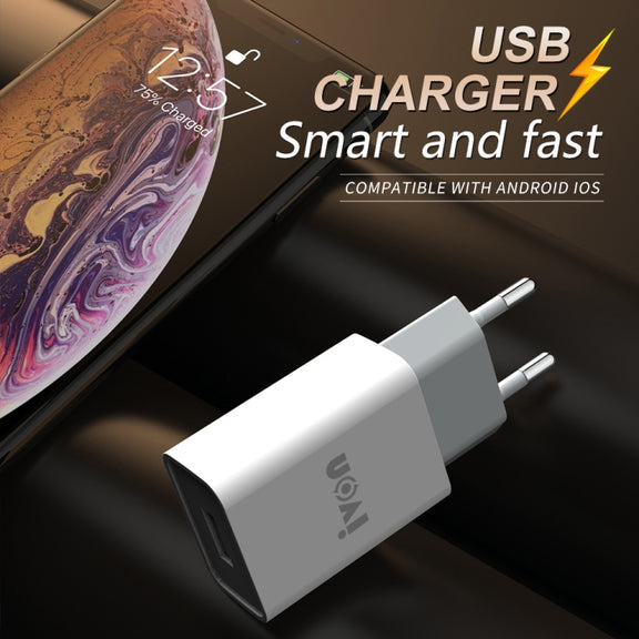 IVON AD-33 2 in 1 2.1A Single USB Port Travel Charger + 1m USB to 8 Pin Data Cable Set, EU Plug(White)
