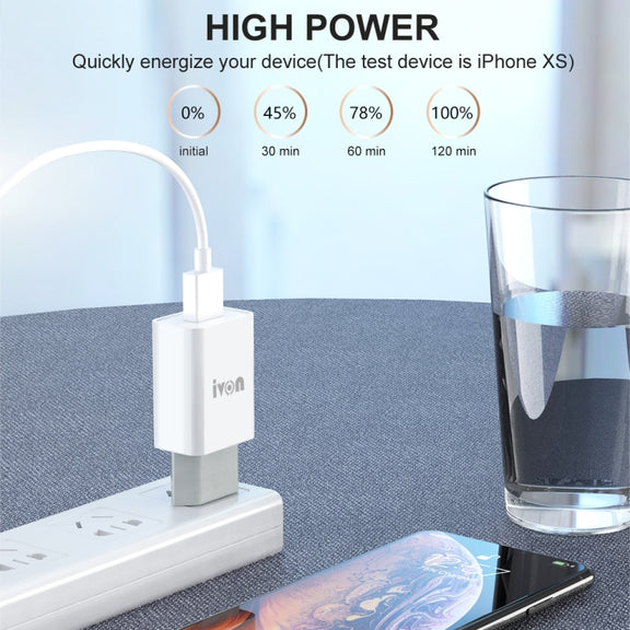 IVON AD-33 2 in 1 2.1A Single USB Port Travel Charger + 1m USB to 8 Pin Data Cable Set, US Plug(White)