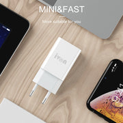 IVON AD-33 2 in 1 2.1A Single USB Port Travel Charger + 1m USB to 8 Pin Data Cable Set, US Plug(White)