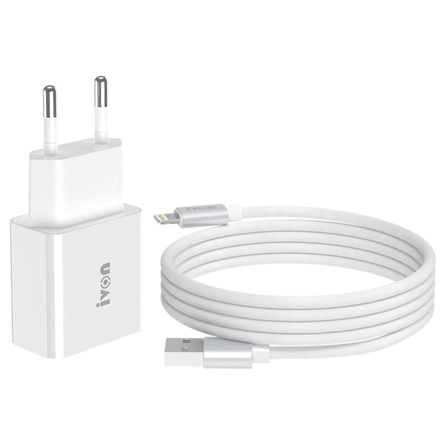 IVON AD-35 2 in 1 18W QC3.0 USB Port Travel Charger + 1m USB to 8 Pin Data Cable Set, EU Plug(White)