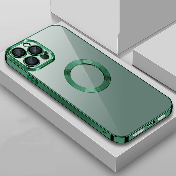 For iPhone 13 Pro Max 9D Electroplated Edge Lens Film Clear PC + TPU Shockproof Case (Alpine Green)