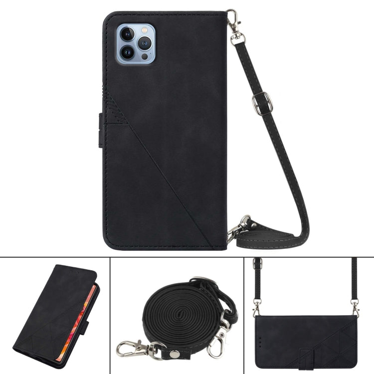 For iPhone 13 Pro Max Crossbody 3D Embossed Flip Leather Phone Case (Black)
