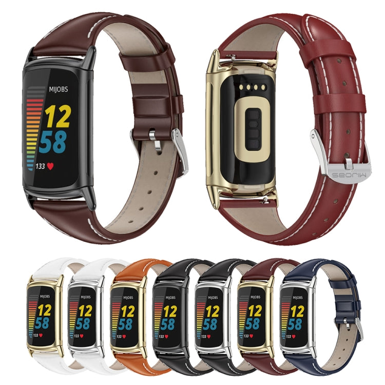 For Fitbit Charge 5 / Charge 6 Mijobs Genuine Leather Slim Watch Band(Coffee+Black) - Watch Bands by MIJOBS