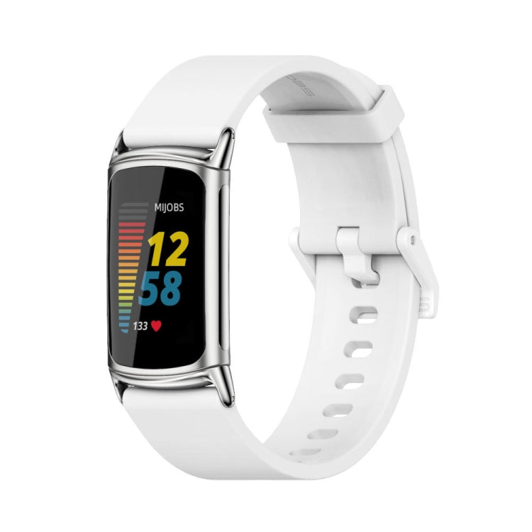 For Fitbit Charge 5 / Charge 6 Mijobs Soft Silicone  Watch Band(White+Silver) - Watch Bands by MIJOBS