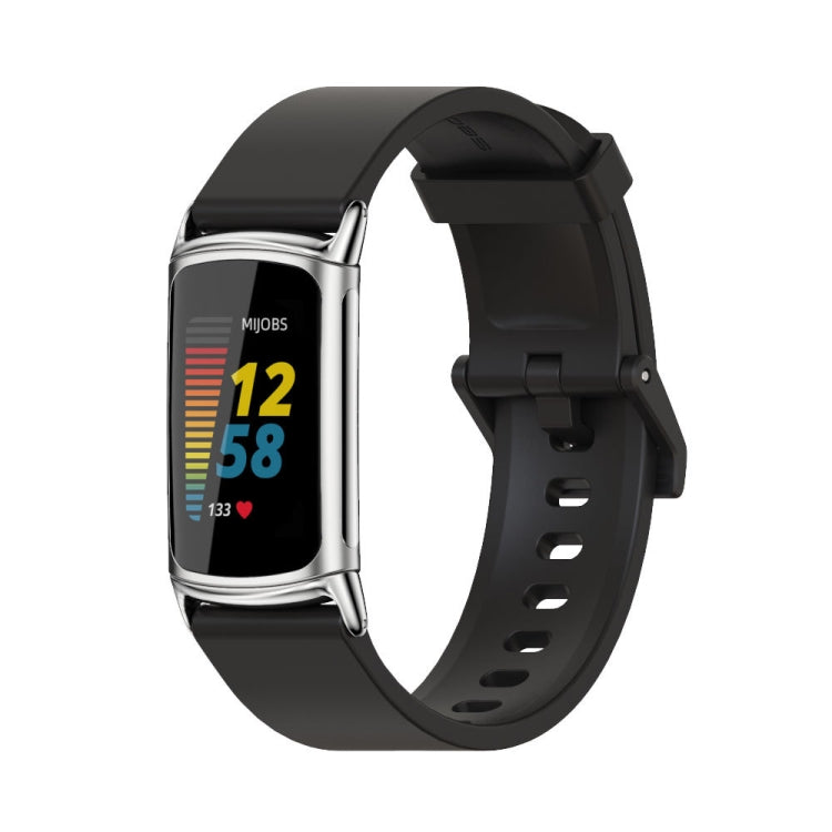For Fitbit Charge 5 / Charge 6 Mijobs Soft Silicone  Watch Band(Black+Silver)