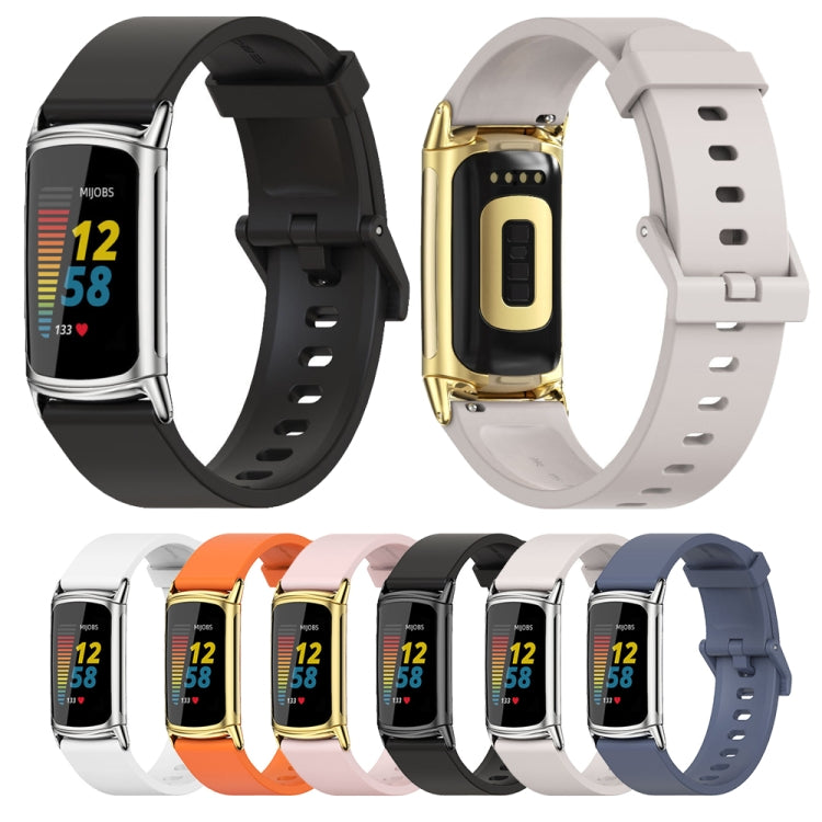 For Fitbit Charge 5 / Charge 6 Mijobs Soft Silicone  Watch Band(Grey+Silver)