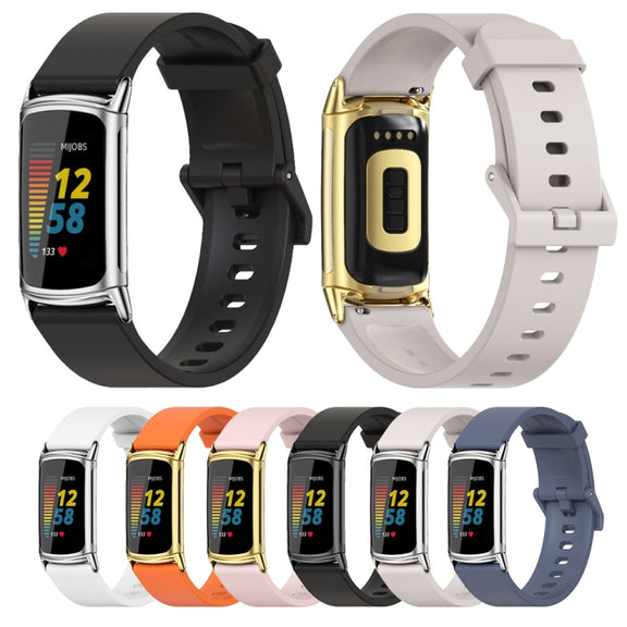 For Fitbit Charge 5 / Charge 6 Mijobs Soft Silicone  Watch Band(Grey+Silver)