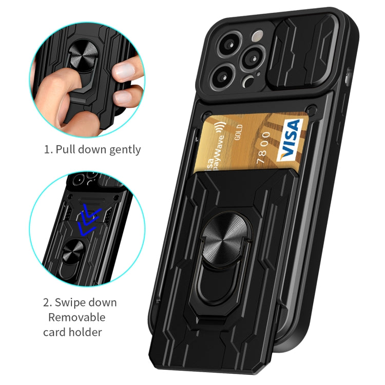 For iPhone 14 Pro Max Sliding Camshield TPU+PC Phone Case with Card Slot (Blue)