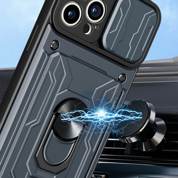 For iPhone 14 Pro Max Sliding Camshield TPU+PC Phone Case with Card Slot (Blue)