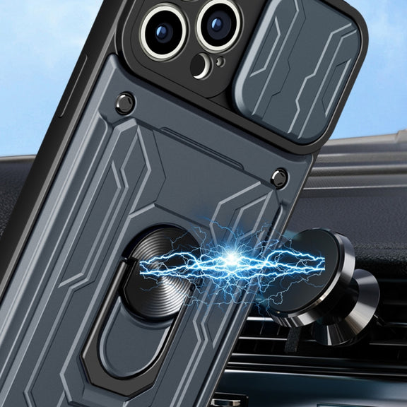 For iPhone 14 Pro Max Sliding Camshield TPU+PC Phone Case with Card Slot (Blue)