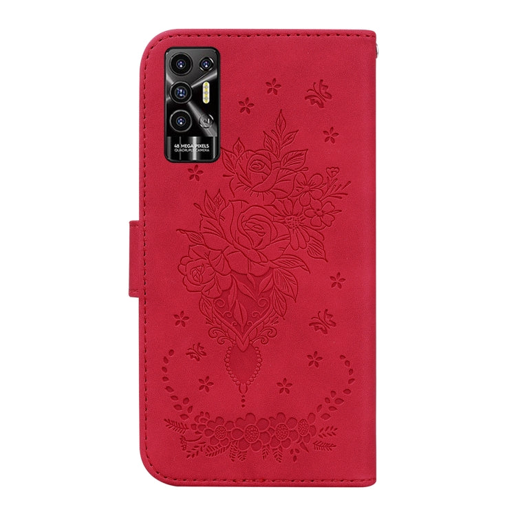 For Tecno Pova 2 Butterfly Rose Embossed Leather Phone Case(Red)